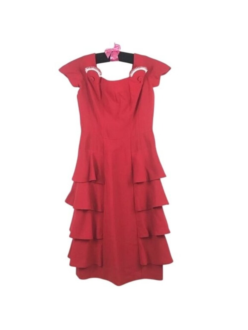 Vintage Handmade Red Pinup Tiered Ruffled Party Dress Beaded Accents Sz Medium